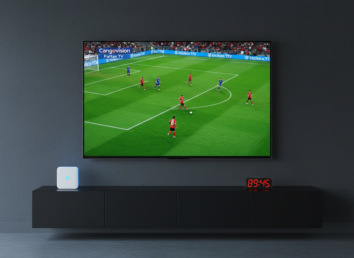 A sleek, modern flat-screen television mounted on a dark graphite wall, displaying a razor-sharp live fútbol match with vivid green pitch, crisp white lines, and a clearly visible scoreboard overlay reading “Cangovision Paltas TV” in a clean, professional font. Below, a minimalist black media console holds a single glowing network router and a small digital clock showing match time. The scene is lit by cool, diffused studio-style lighting that eliminates glare and creates subtle reflections on the screen’s glass surface. Captured at eye level with photographic realism and a shallow depth of field, the TV is in perfect focus while the background softly blurs, creating a polished, authoritative news-broadcast atmosphere.